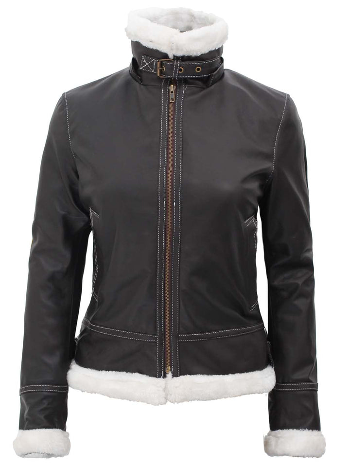 Womens Shearling Dark Brown Bomber Leather Jacket with Removable Hood - Rare Leather