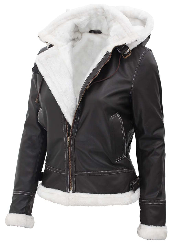 Womens Shearling Dark Brown Bomber Leather Jacket with Removable Hood - Rare Leather