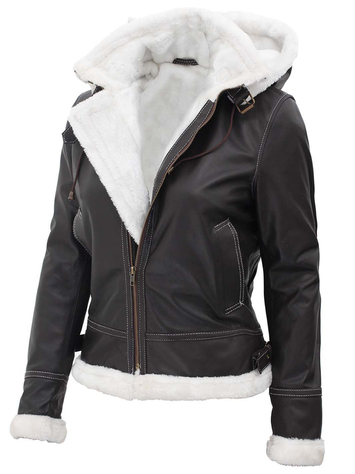 Womens Shearling Dark Brown Bomber Leather Jacket with Removable Hood - Rare Leather