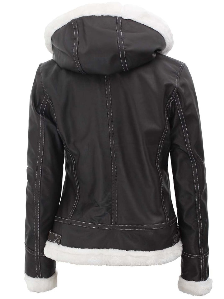 Womens Shearling Dark Brown Bomber Leather Jacket with Removable Hood - Rare Leather