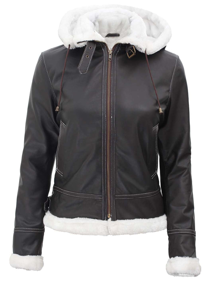 Womens Shearling Dark Brown Bomber Leather Jacket with Removable Hood - Rare Leather