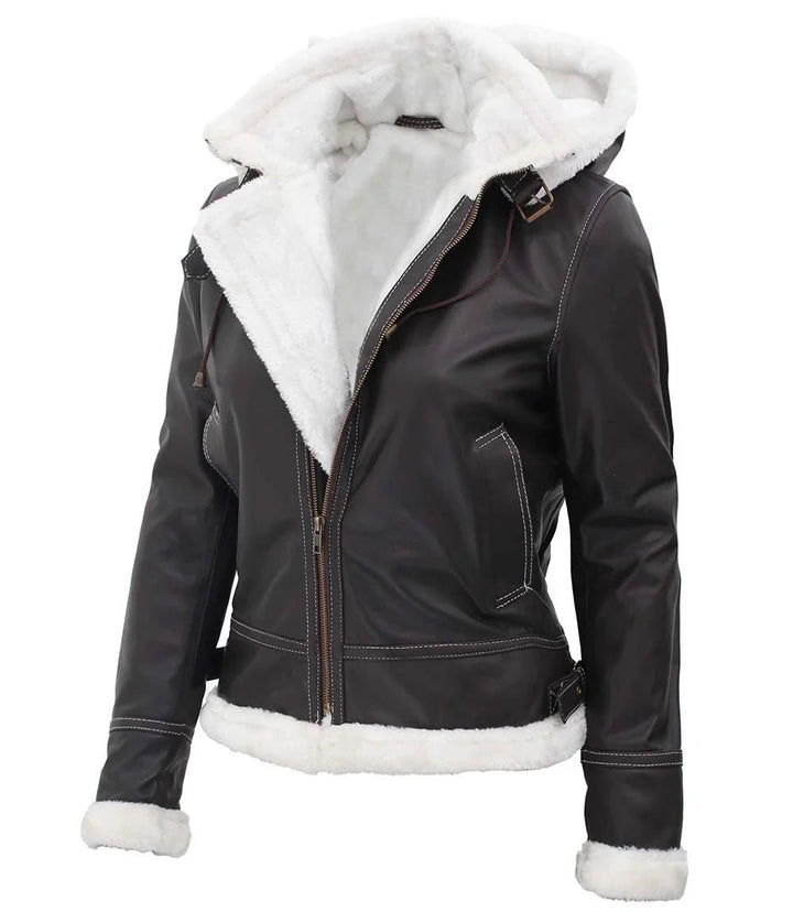Womens Shearling Dark Brown Bomber Leather Jacket with Removable Hood - Rare Leather