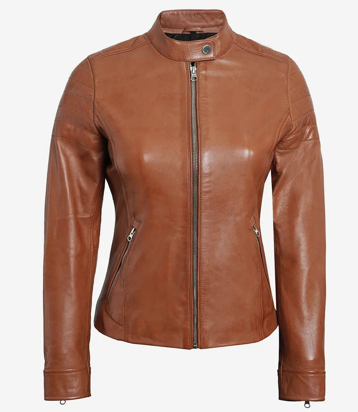 Womens Tan Brown Cafe Racer Leather Jacket - Rare Leather