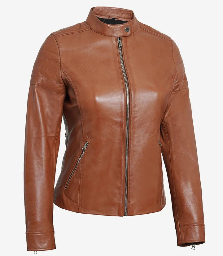 Womens Tan Brown Cafe Racer Leather Jacket - Rare Leather