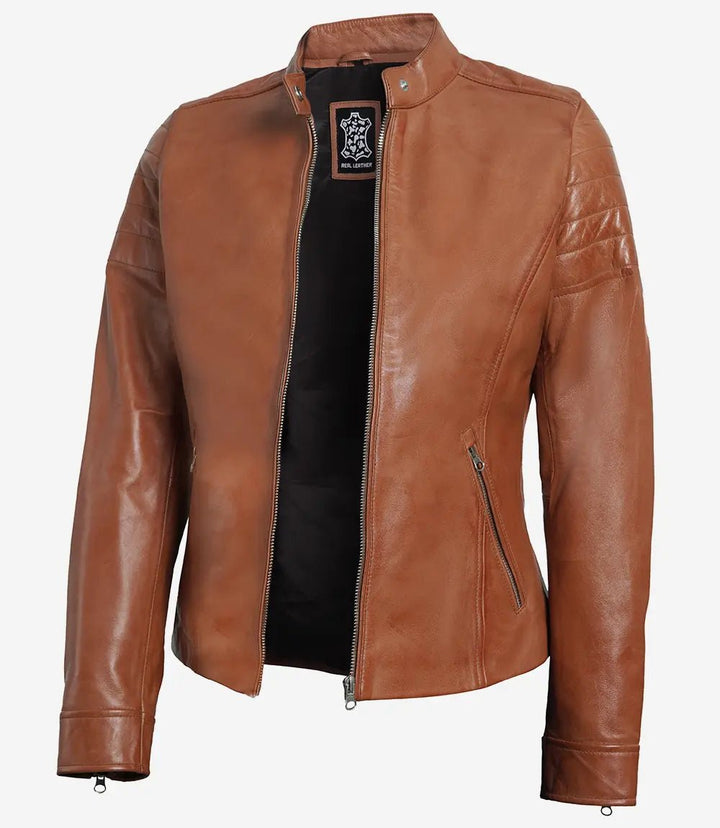 Womens Tan Brown Cafe Racer Leather Jacket - Rare Leather