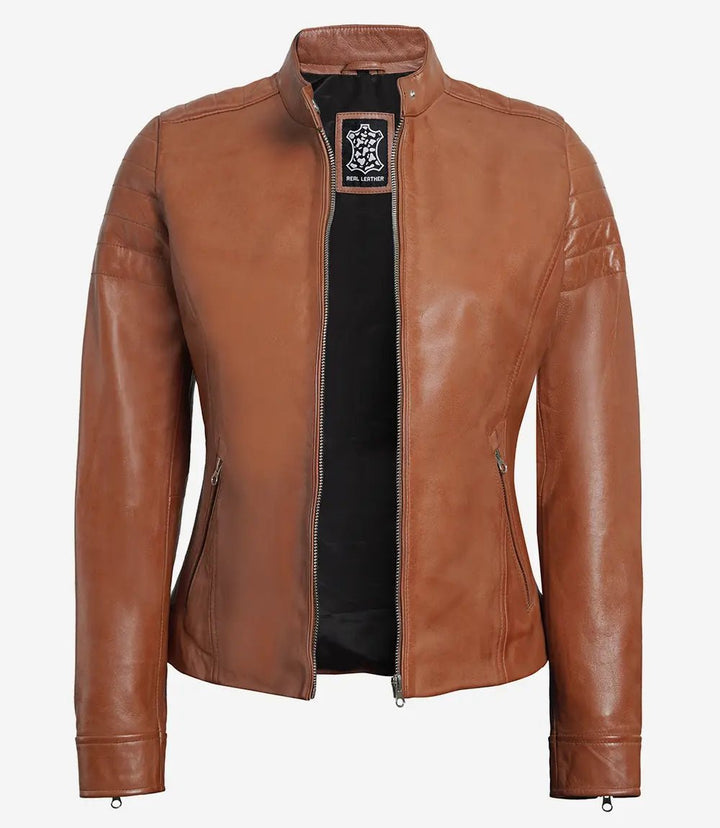 Womens Tan Brown Cafe Racer Leather Jacket - Rare Leather