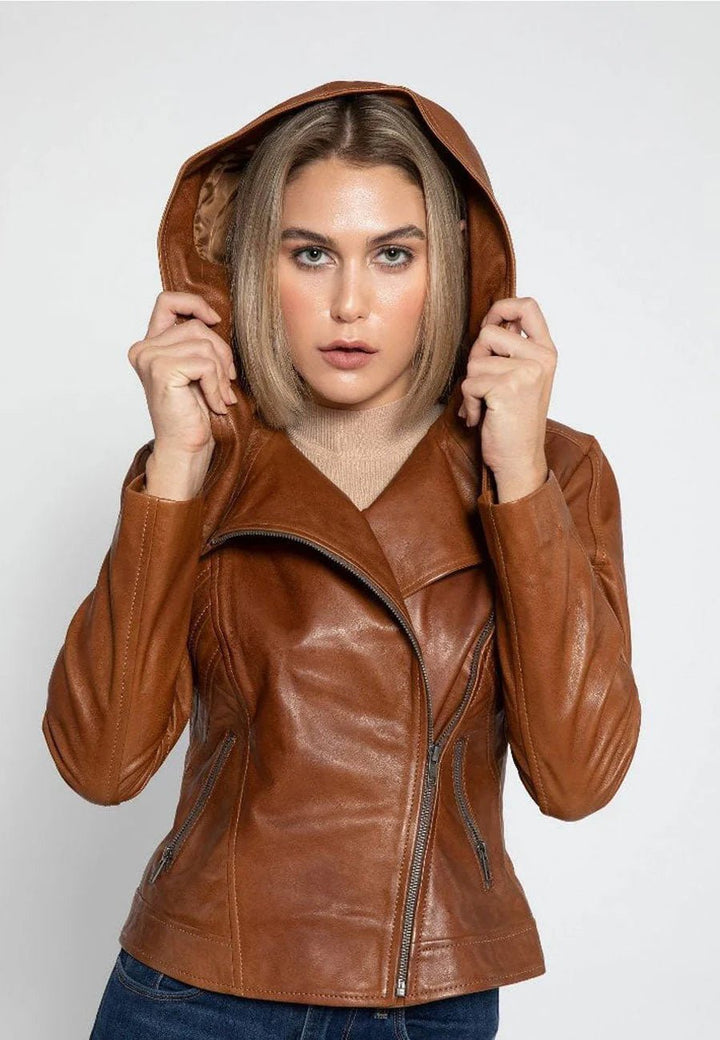 Women’s Tan Brown Leather Hooded Biker Jacket - Rare Leather