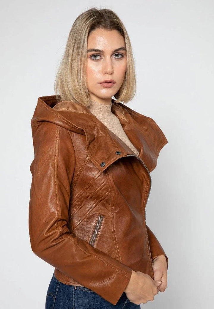 Women’s Tan Brown Leather Hooded Biker Jacket - Rare Leather