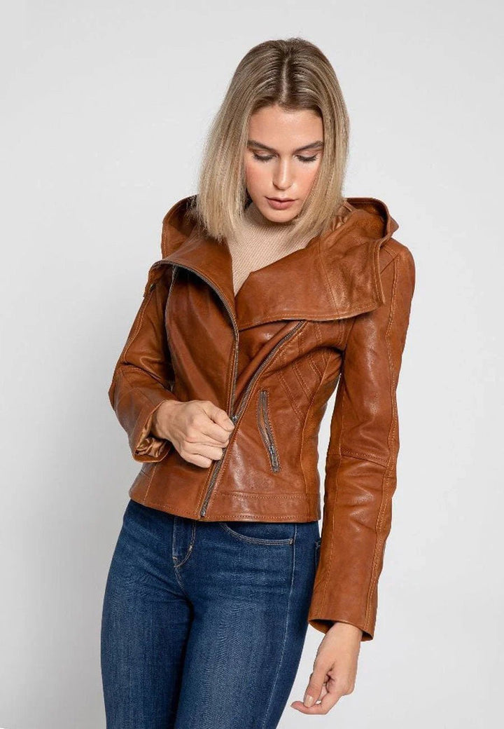 Women’s Tan Brown Leather Hooded Biker Jacket - Rare Leather