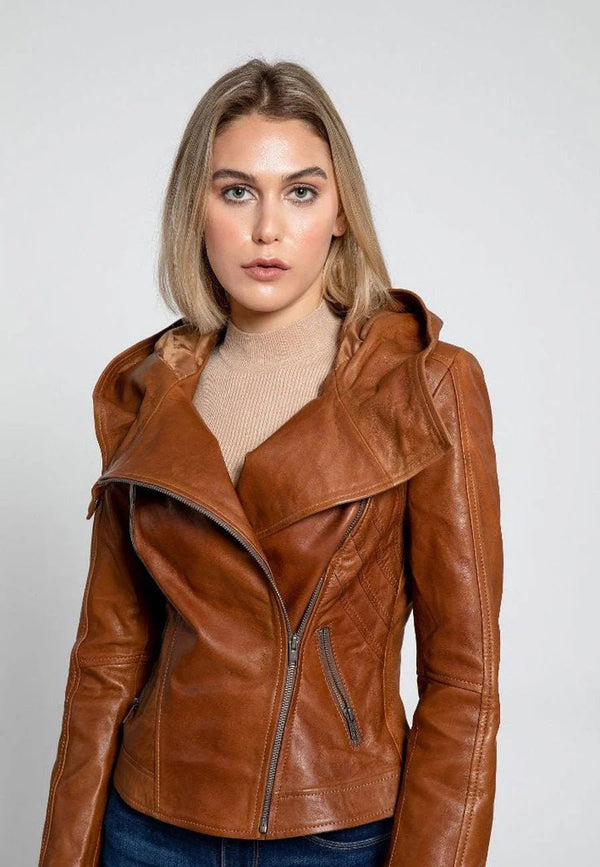 Women’s Tan Brown Leather Hooded Biker Jacket - Rare Leather