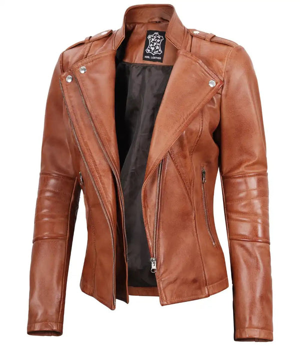 Women's Tan Brown Leather Motorcycle Jacket - Rare Leather