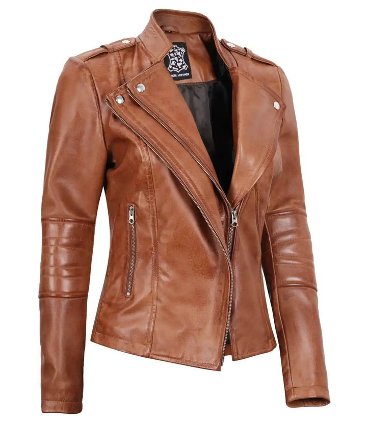 Women's Tan Brown Leather Motorcycle Jacket - Rare Leather