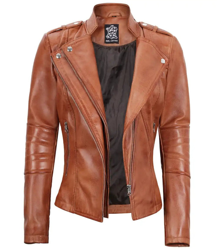 Women's Tan Brown Leather Motorcycle Jacket - Rare Leather