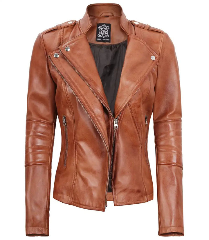 Women's Tan Brown Leather Motorcycle Jacket - Rare Leather