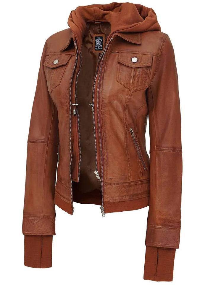 Womens Tan Wax Bomber Leather Jacket With Hood - Rare Leather