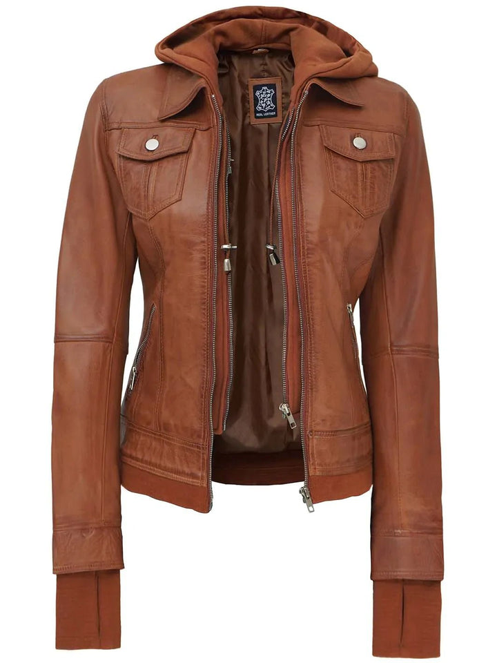 Womens Tan Wax Bomber Leather Jacket With Hood - Rare Leather