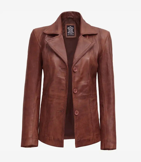 Womens Three Button Cognac Brown Leather Blazer - Rare Leather