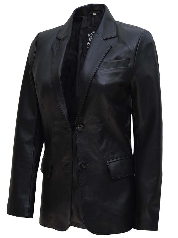 Women's Two Button Black Real Leather Blazer - Rare Leather
