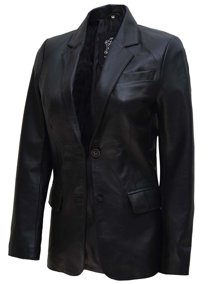 Women's Two Button Black Real Leather Blazer - Rare Leather