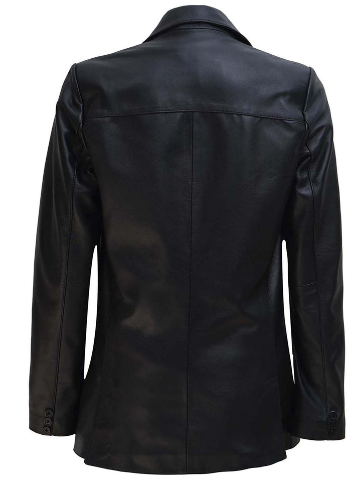 Women's Two Button Black Real Leather Blazer - Rare Leather