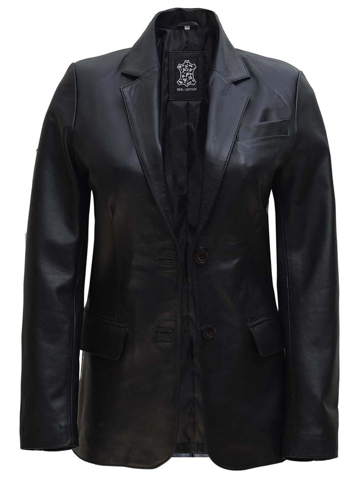 Women's Two Button Black Real Leather Blazer - Rare Leather