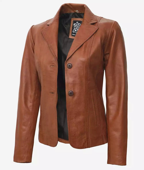 Women's Two Button Tan Brown Leather Blazer Jacket - Rare Leather