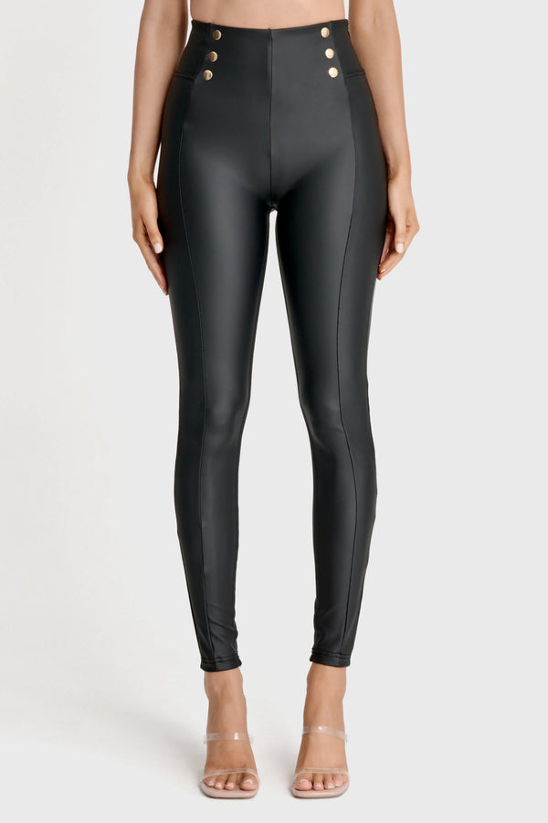 WRUP Faux Leather with Button Detail - Super High Waisted - Full Length - Black - Rare Leather