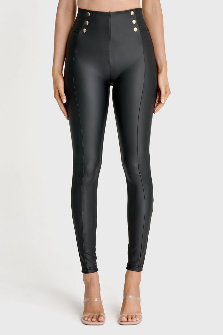 WRUP Faux Leather with Button Detail - Super High Waisted - Full Length - Black - Rare Leather