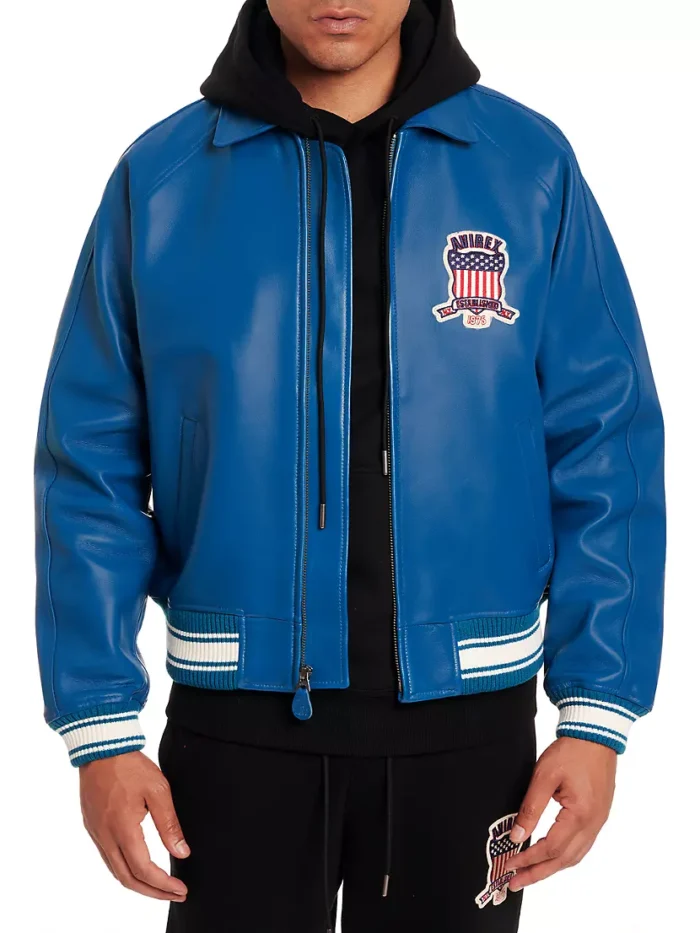 Avirex Icon Leather Bomber Jacket Blue