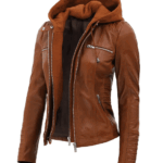 Women's Cognac Slim Fit Leather Jacket With Removable Hood