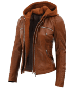 Women's Cognac Slim Fit Leather Jacket With Removable Hood