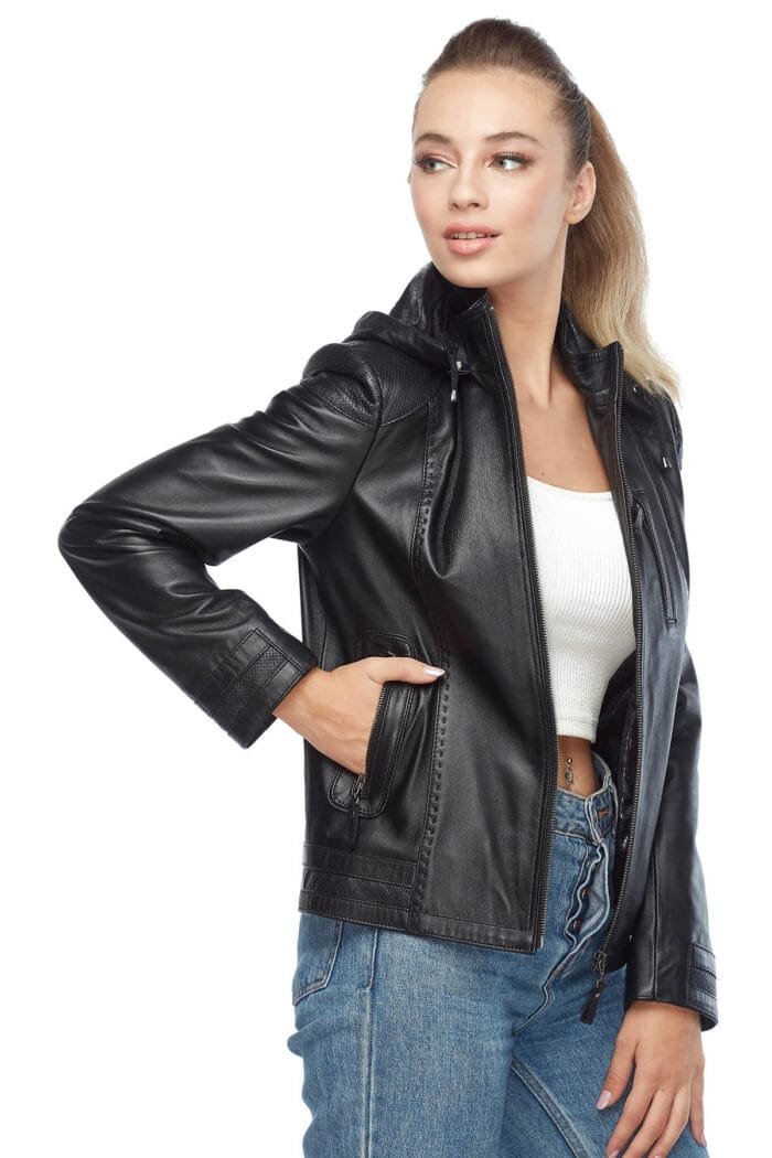 Arden Black Ladies Leather Jacket Hoodie Side