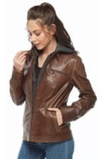 Brown Womens Hooded Leather Jacket Rare-Leather