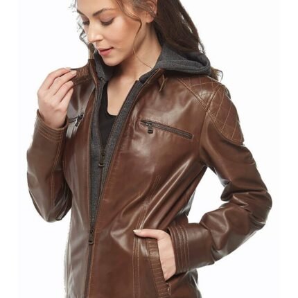 Brown Women’s Hooded Leather Jacket