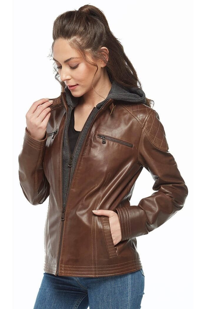 Brown Womens Hooded Leather Jacket Rare-Leather