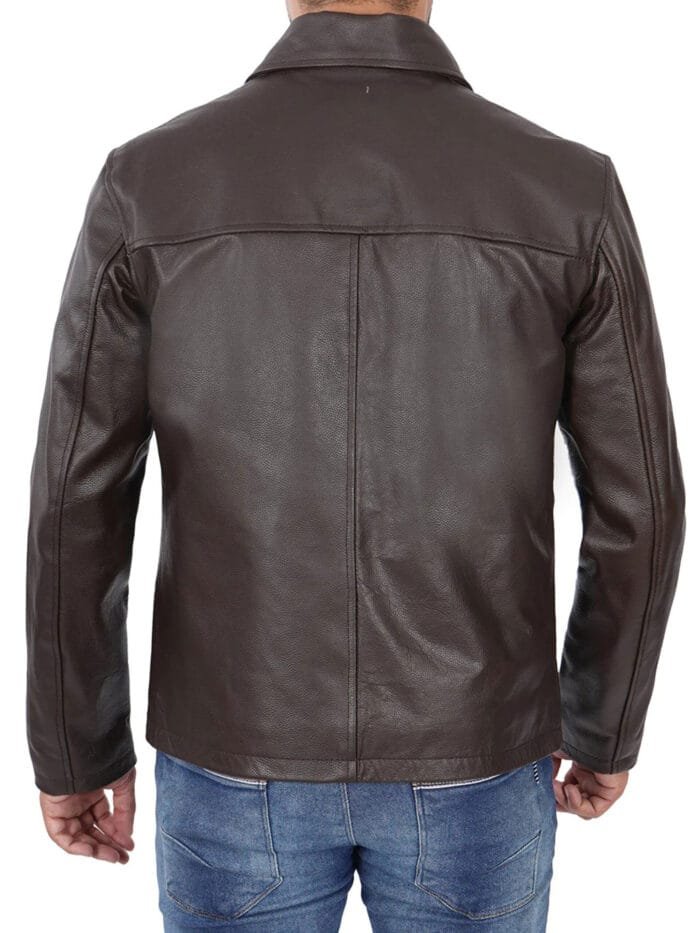 Dark Brown Shirt Collar Cowhide Men's Leather Jacket