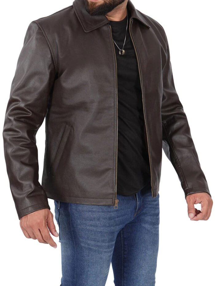 Dark Brown Shirt Collar Cowhide Men's Leather Jacket