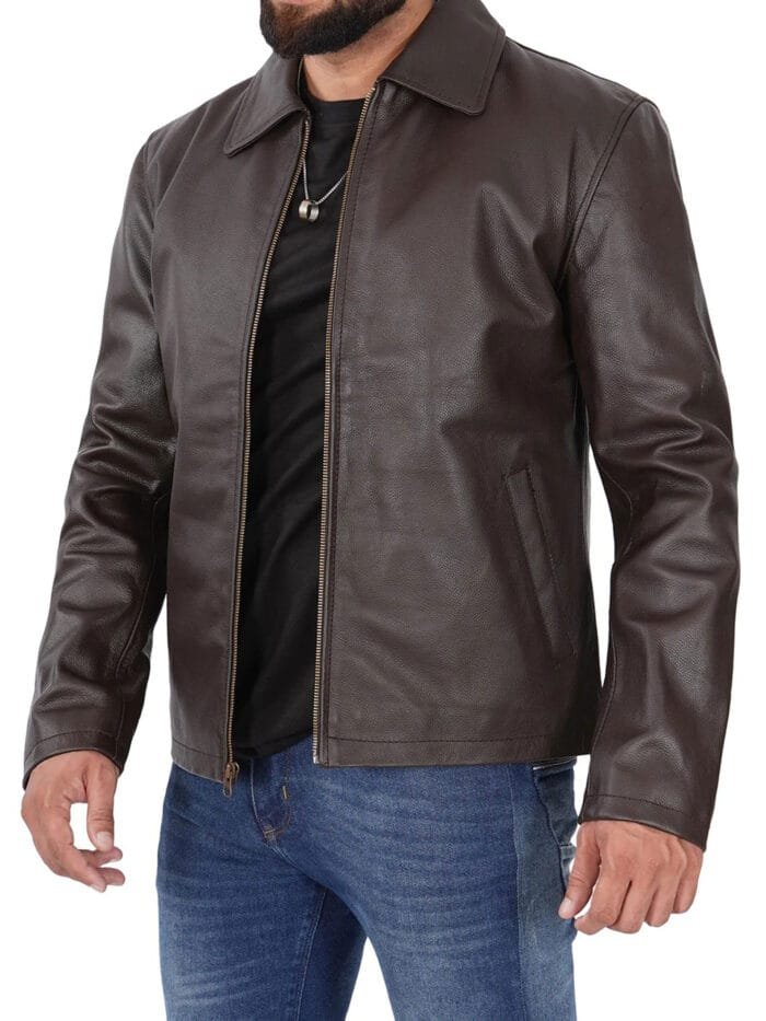 Dark Brown Shirt Collar Cowhide Men's Leather Jacket