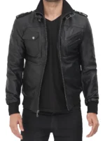 Edinburgh Men's Black Bomber Leather Jacket With Hood