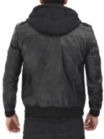 Edinburgh Men's Black Bomber Leather Jacket With Hood