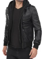 Edinburgh Men's Black Bomber Leather Jacket With Hood