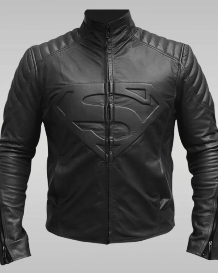 MensBlackSupermanLeatherJacketFront