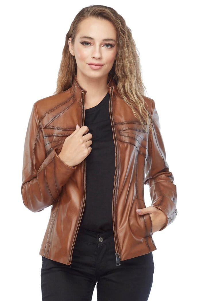 Rachel Grant Tan Leather Jacket Side RARE-LEATHER