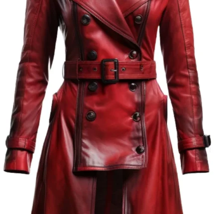 Women Distressed Red Leather Long Coat