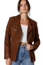 brown zara womens suede leather belted biker coat Rare-Leather