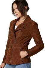 brown zara womens suede leather belted biker coat Rare-Leather