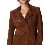 Brown Zara Women's Suede Leather Belted Biker Coat