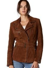 brown zara womens suede leather belted biker coat Rare-Leather