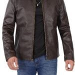 Dark Brown Shirt Collar Cowhide Men's Leather Jacket