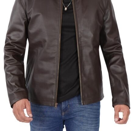 Dark Brown Shirt Collar Cowhide Men's Leather Jacket - Rare Leather